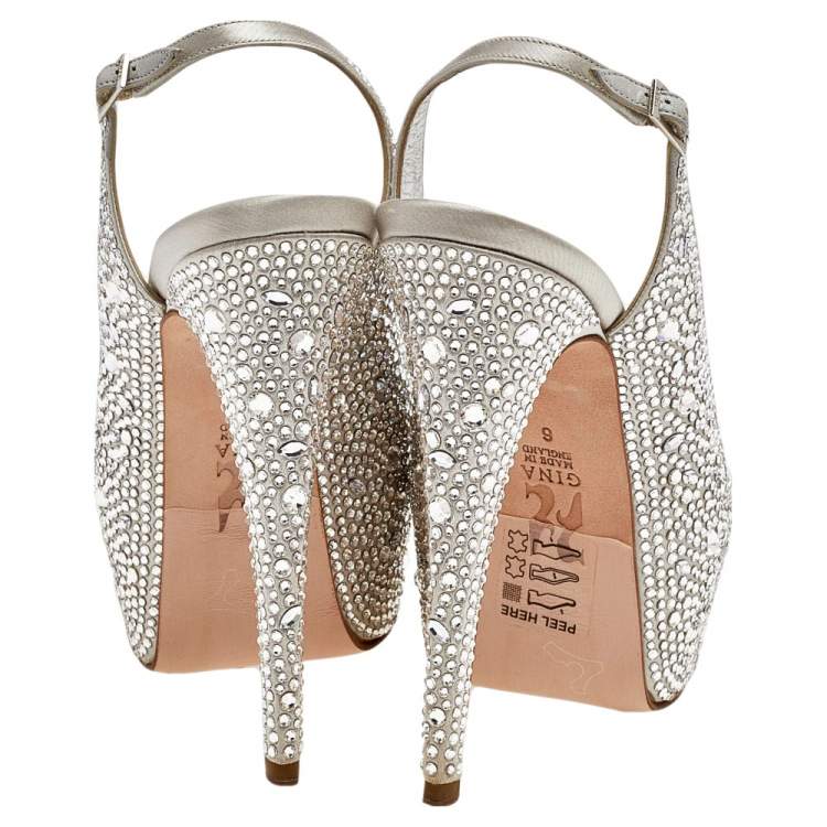 Pre Owned Gina Silver Crystal Embellished Satin Platform Peep Toe Slingback Sandals Size 39