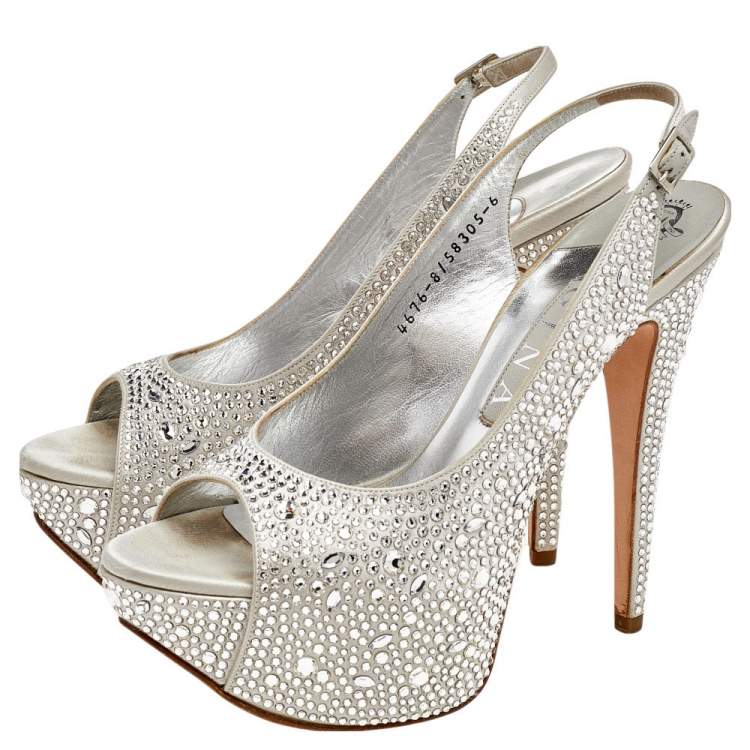 Pre Owned Gina Silver Crystal Embellished Satin Platform Peep Toe Slingback Sandals Size 39