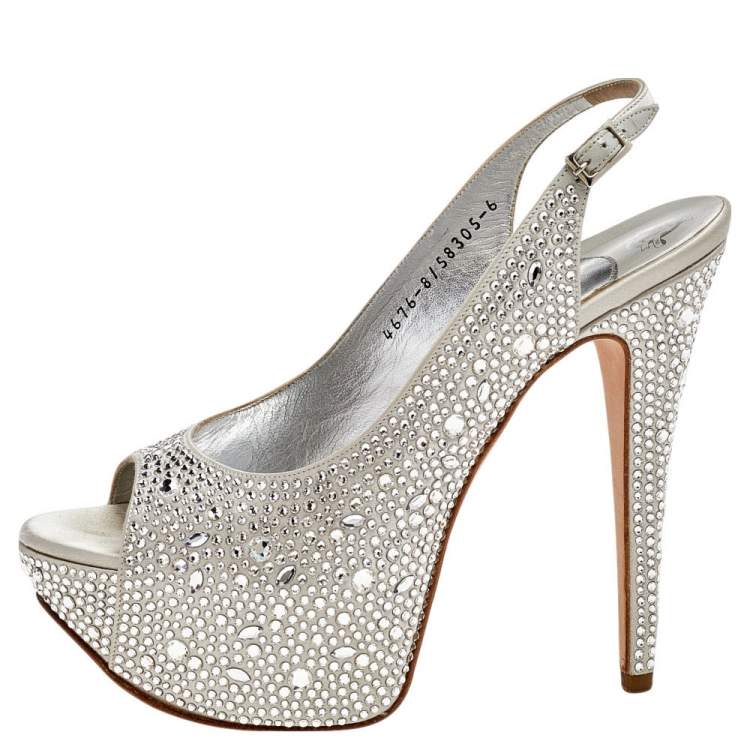Pre Owned Gina Silver Crystal Embellished Satin Platform Peep Toe Slingback Sandals Size 39