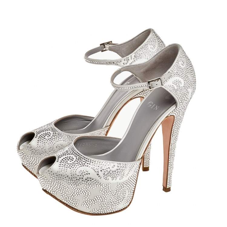 Pre Owned Gina Silver Crystal Embellished Satin Hester Peep Toe Platform Ankle Strap Pumps Size 38