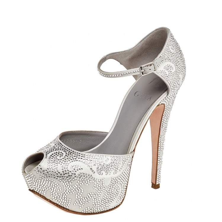 Pre Owned Gina Silver Crystal Embellished Satin Hester Peep Toe Platform Ankle Strap Pumps Size 38
