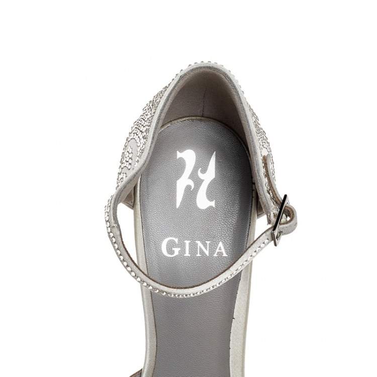 Pre Owned Gina Silver Crystal Embellished Satin Hester Peep Toe Platform Ankle Strap Pumps Size 38