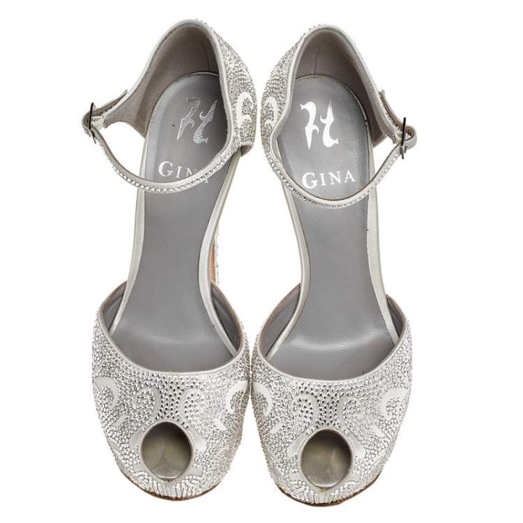 Pre Owned Gina Silver Crystal Embellished Satin Hester Peep Toe Platform Ankle Strap Pumps Size 38