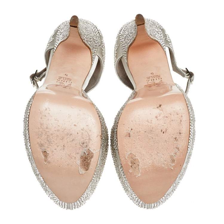 Pre Owned Gina Silver Crystal Embellished Satin Hester Peep Toe Platform Ankle Strap Pumps Size 38