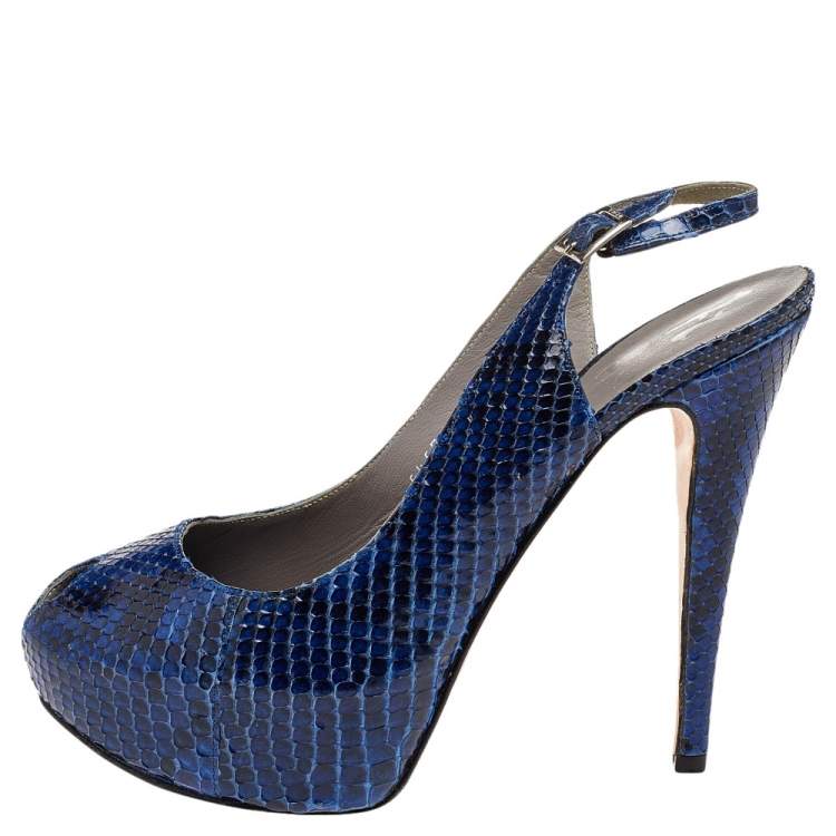Pre Owned Gina Blue Python Leather Peep Toe Platform Slingback Sandals Size 39