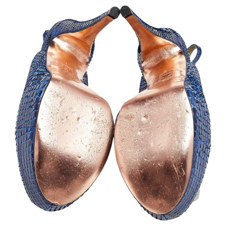 Pre Owned Gina Blue Python Leather Peep Toe Platform Slingback Sandals Size 39