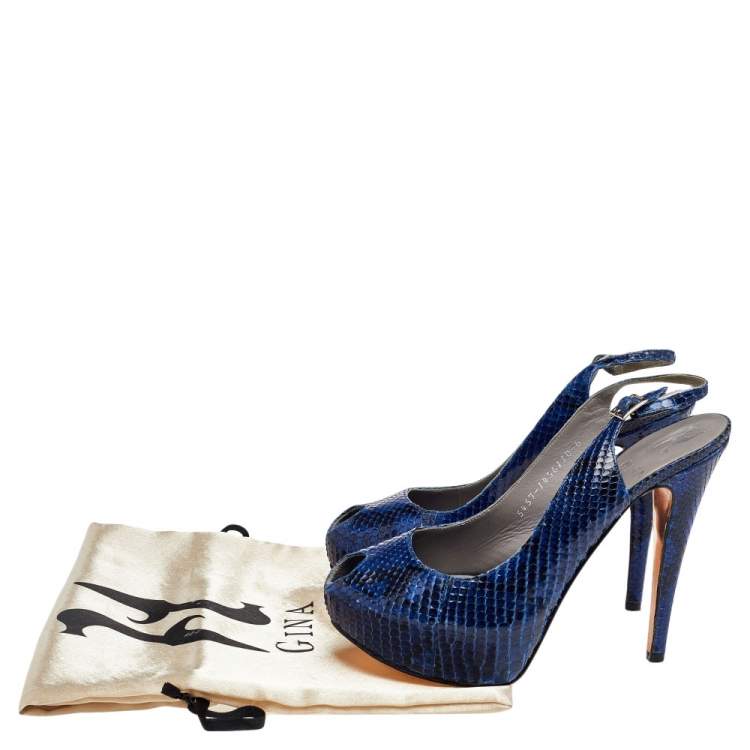 Pre Owned Gina Blue Python Leather Peep Toe Platform Slingback Sandals Size 39