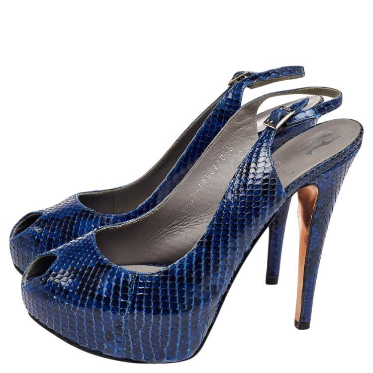 Pre Owned Gina Blue Python Leather Peep Toe Platform Slingback Sandals Size 39
