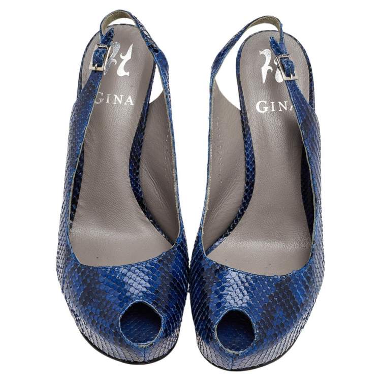 Pre Owned Gina Blue Python Leather Peep Toe Platform Slingback Sandals Size 39