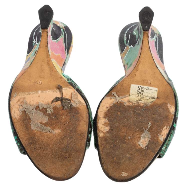 Pre Owned Gina Black/Blue Python and Suede Slide Wedge Sandals Size 38.5