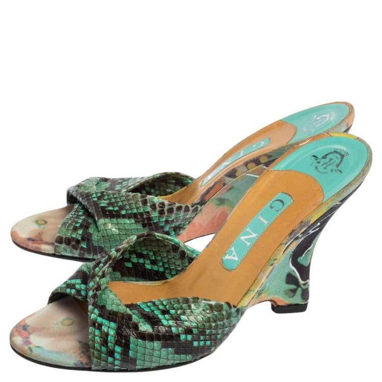 Pre Owned Gina Black/Blue Python and Suede Slide Wedge Sandals Size 38.5