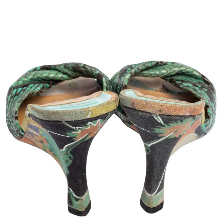 Pre Owned Gina Black/Blue Python and Suede Slide Wedge Sandals Size 38.5