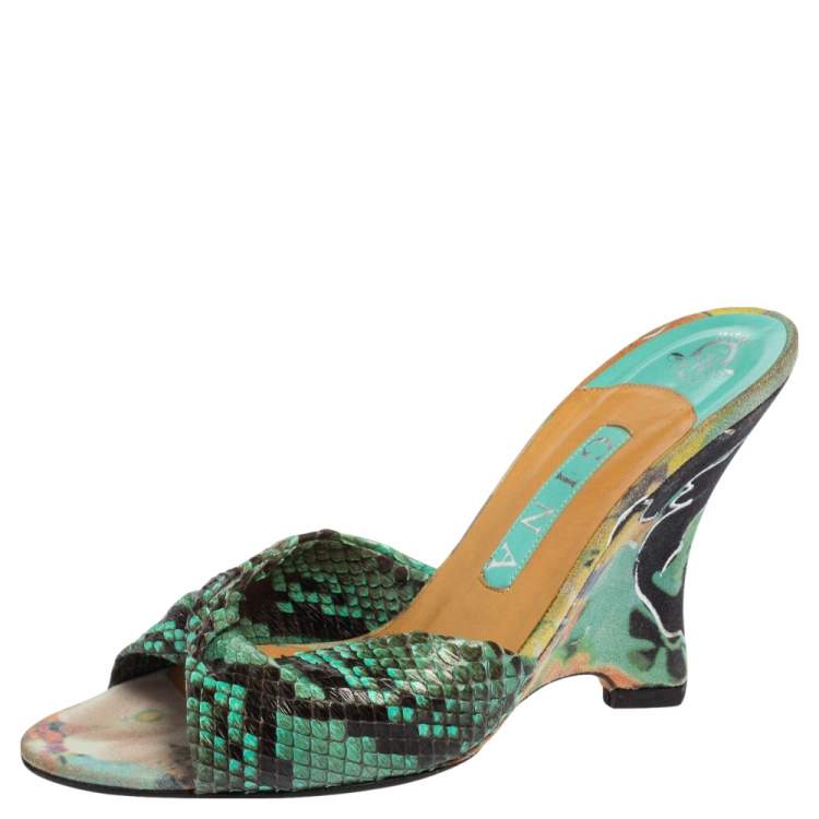 Pre Owned Gina Black/Blue Python and Suede Slide Wedge Sandals Size 38.5