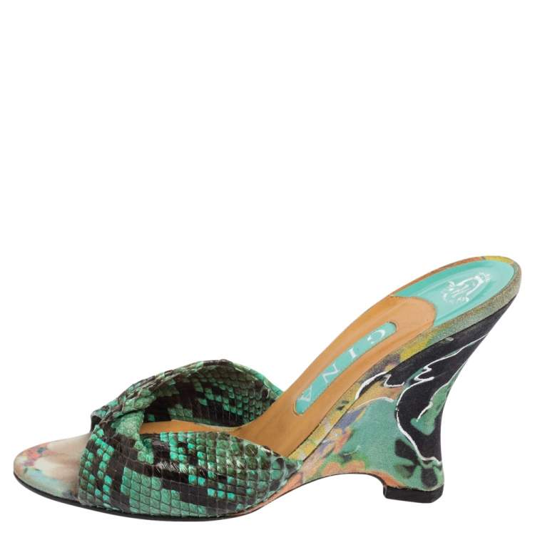 Pre Owned Gina Black/Blue Python and Suede Slide Wedge Sandals Size 38.5