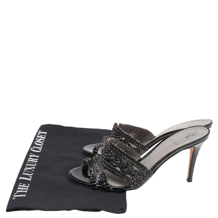 Pre Owned Gina Black Patent Leather Crystal Embellished Slides Sandals Size 38