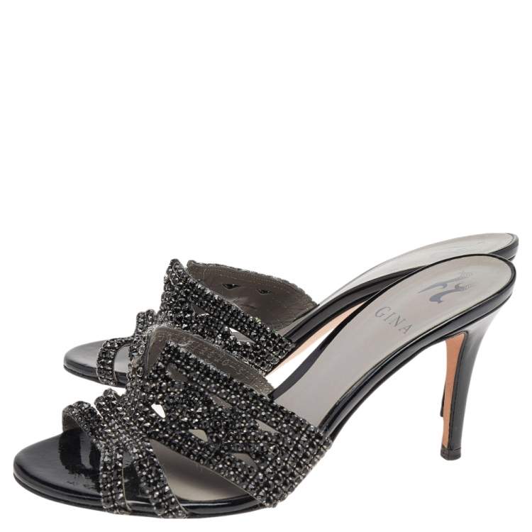 Pre Owned Gina Black Patent Leather Crystal Embellished Slides Sandals Size 38