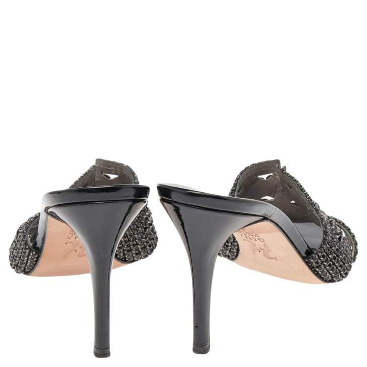 Pre Owned Gina Black Patent Leather Crystal Embellished Slides Sandals Size 38