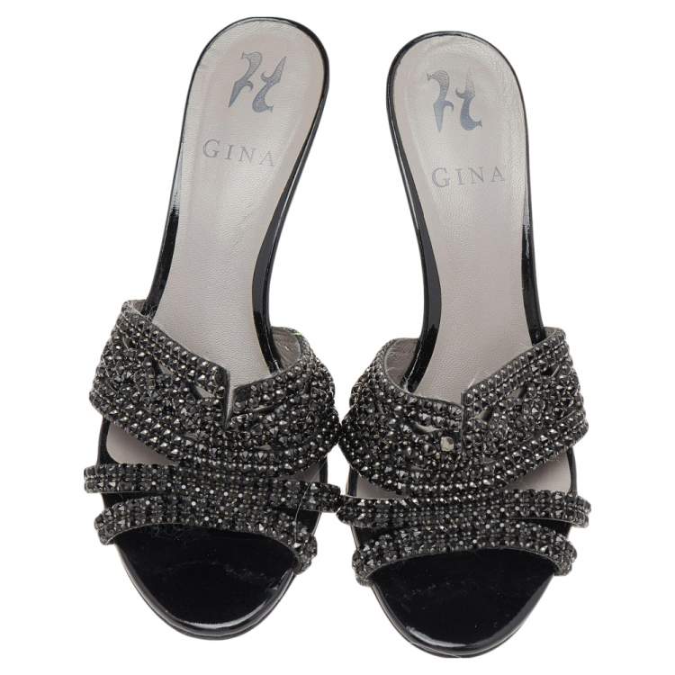 Pre Owned Gina Black Patent Leather Crystal Embellished Slides Sandals Size 38