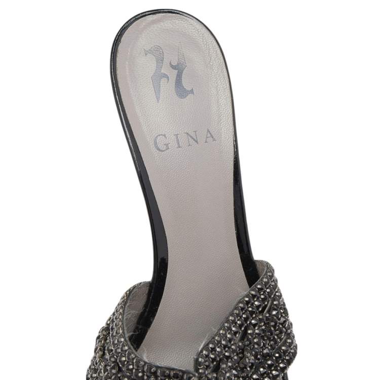 Pre Owned Gina Black Patent Leather Crystal Embellished Slides Sandals Size 38