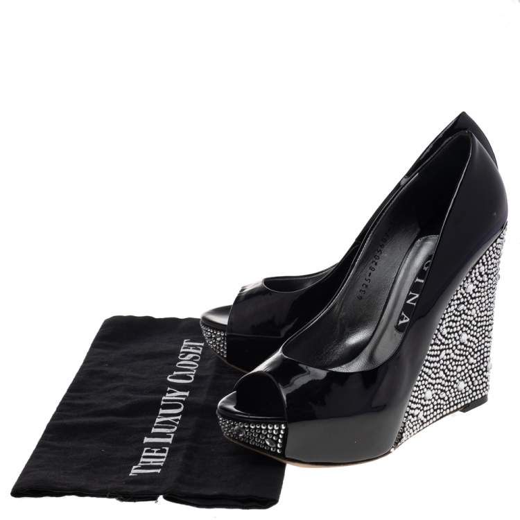 Pre Owned Gina Black Patent Leather Embellished Wedge Pumps Size 38.5