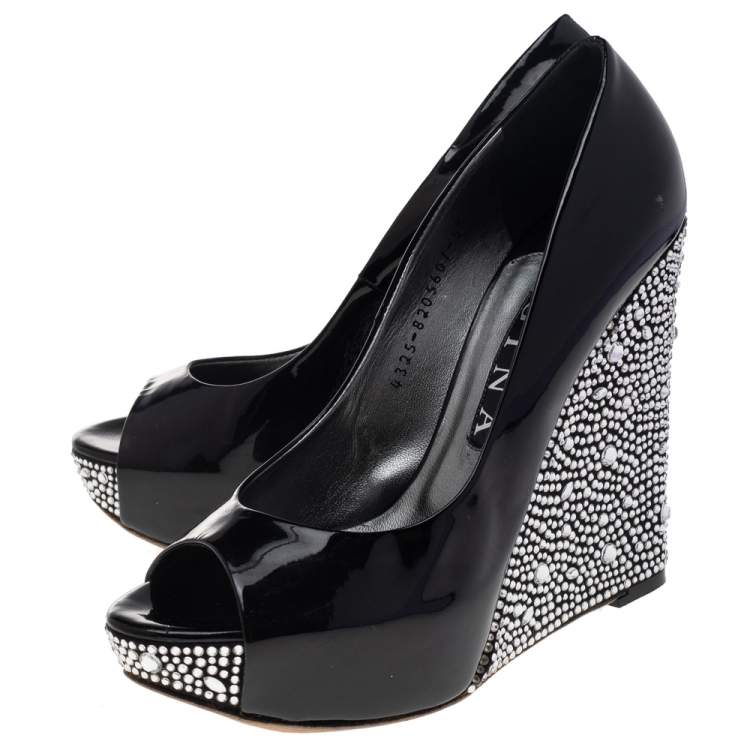 Pre Owned Gina Black Patent Leather Embellished Wedge Pumps Size 38.5