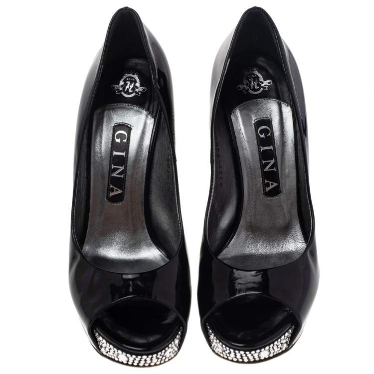 Pre Owned Gina Black Patent Leather Embellished Wedge Pumps Size 38.5