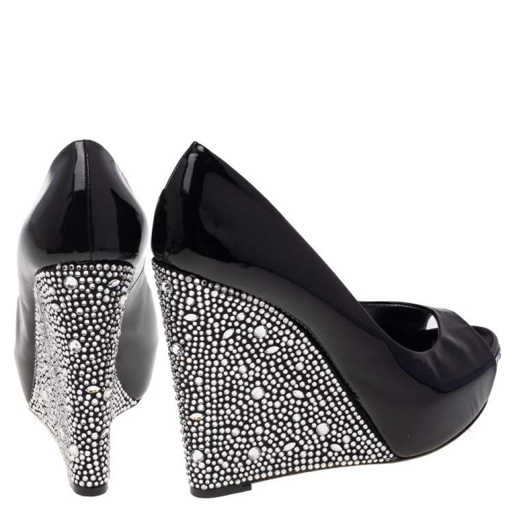 Pre Owned Gina Black Patent Leather Embellished Wedge Pumps Size 38.5