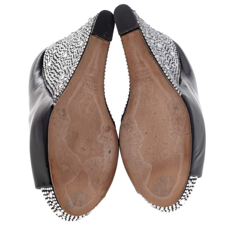 Pre Owned Gina Black Patent Leather Embellished Wedge Pumps Size 38.5