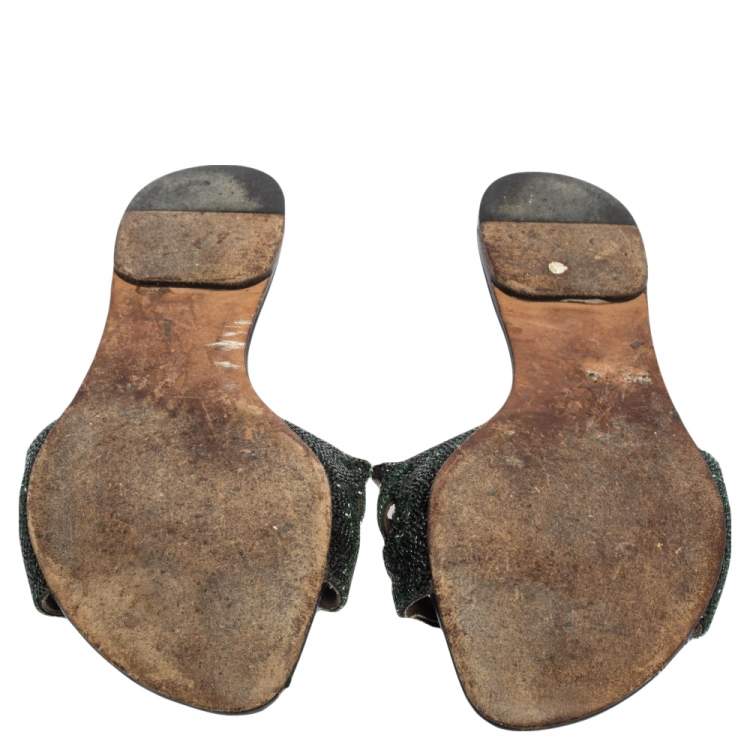 مملوكة مسبقًا Gina Silver Green Leather Crystal Embellished Flat Slides Size 38 