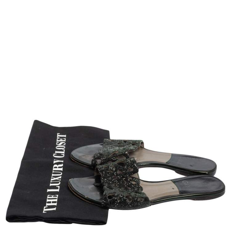 مملوكة مسبقًا Gina Silver Green Leather Crystal Embellished Flat Slides Size 38 