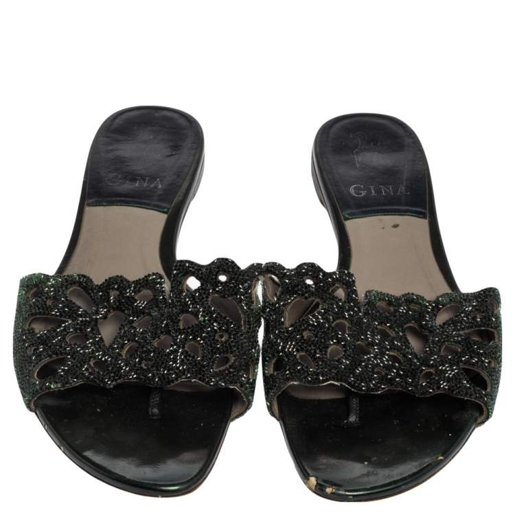 مملوكة مسبقًا Gina Silver Green Leather Crystal Embellished Flat Slides Size 38 