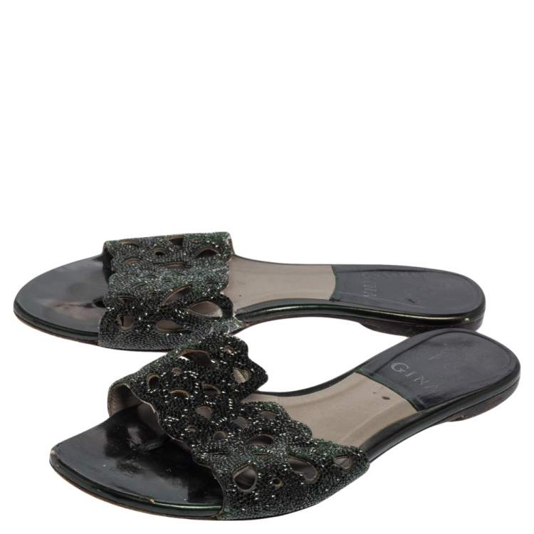 مملوكة مسبقًا Gina Silver Green Leather Crystal Embellished Flat Slides Size 38 
