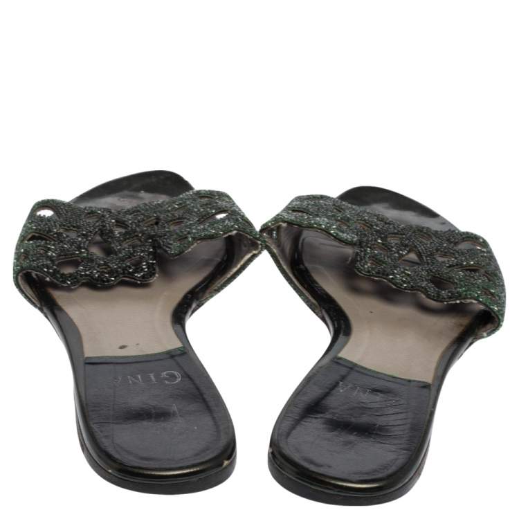 مملوكة مسبقًا Gina Silver Green Leather Crystal Embellished Flat Slides Size 38 