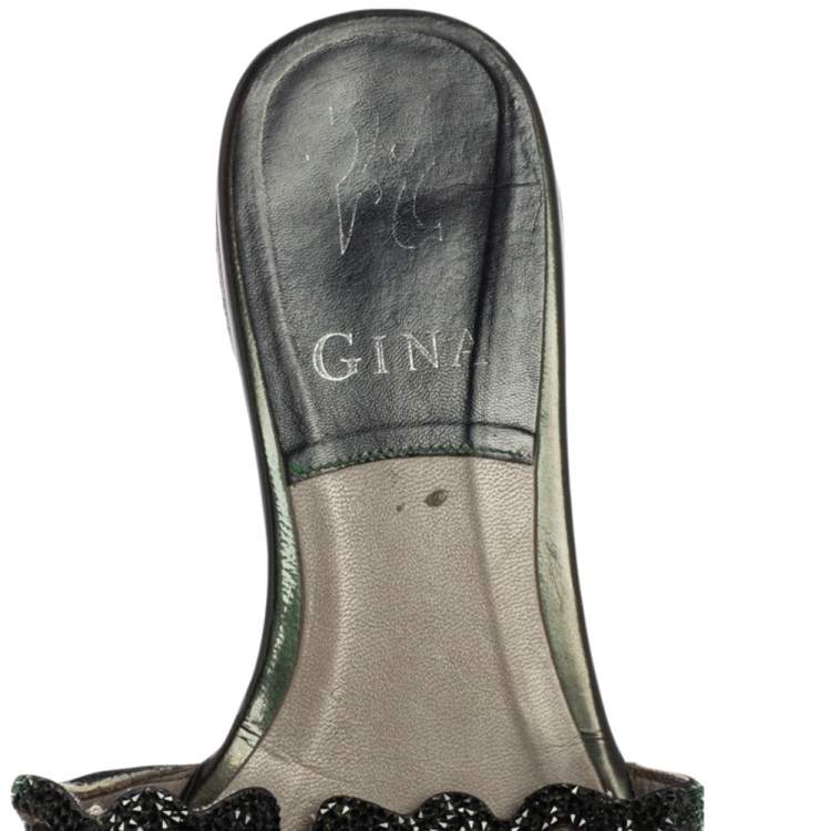 مملوكة مسبقًا Gina Silver Green Leather Crystal Embellished Flat Slides Size 38 
