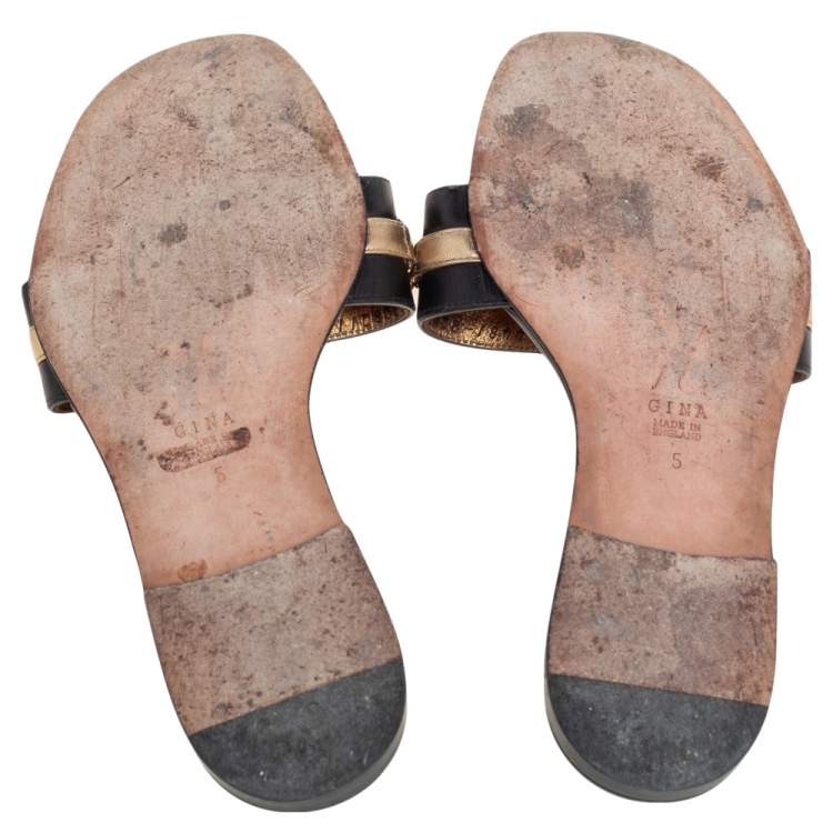 Pre Owned Gina Black Leather Crystal Embellished Flat Slides Size 38