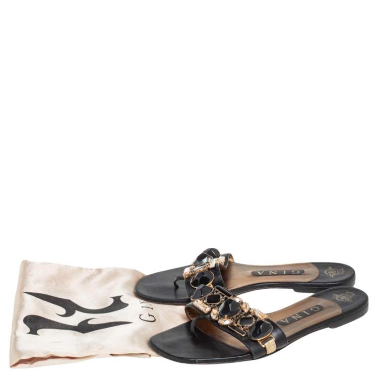 Pre Owned Gina Black Leather Crystal Embellished Flat Slides Size 38