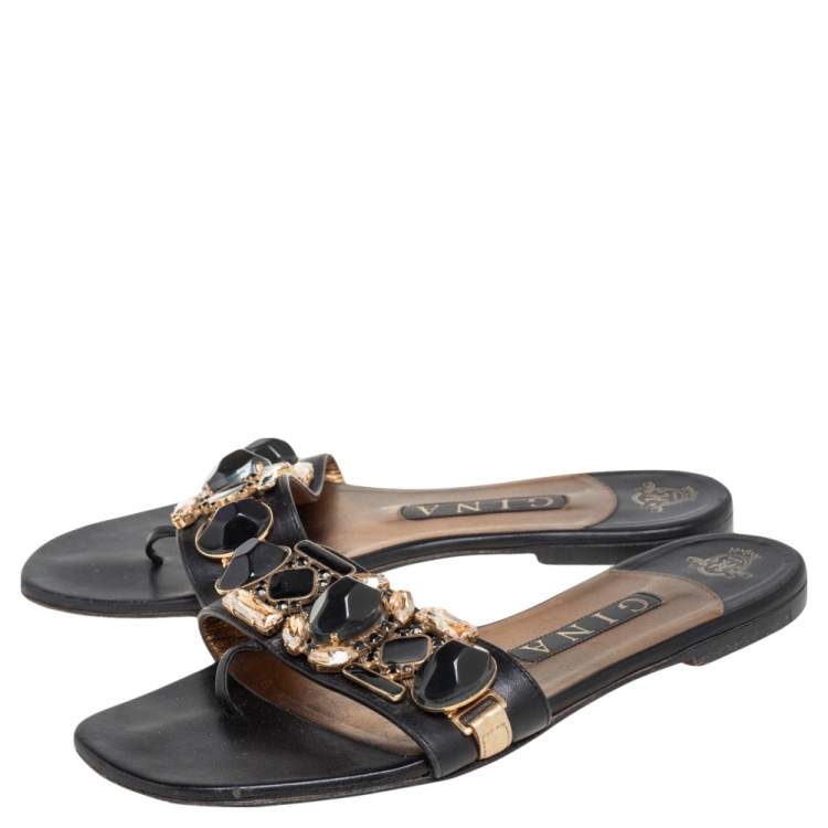Pre Owned Gina Black Leather Crystal Embellished Flat Slides Size 38