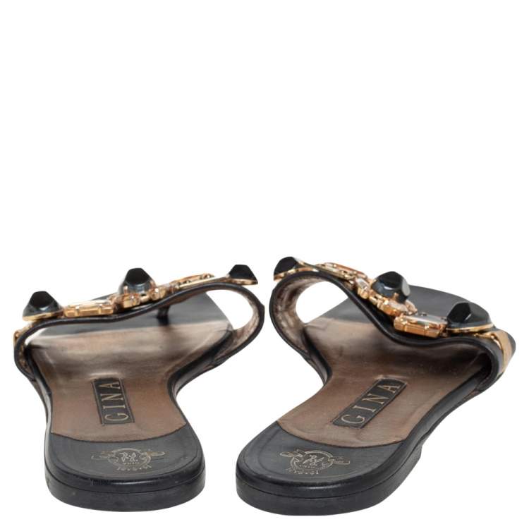 Pre Owned Gina Black Leather Crystal Embellished Flat Slides Size 38
