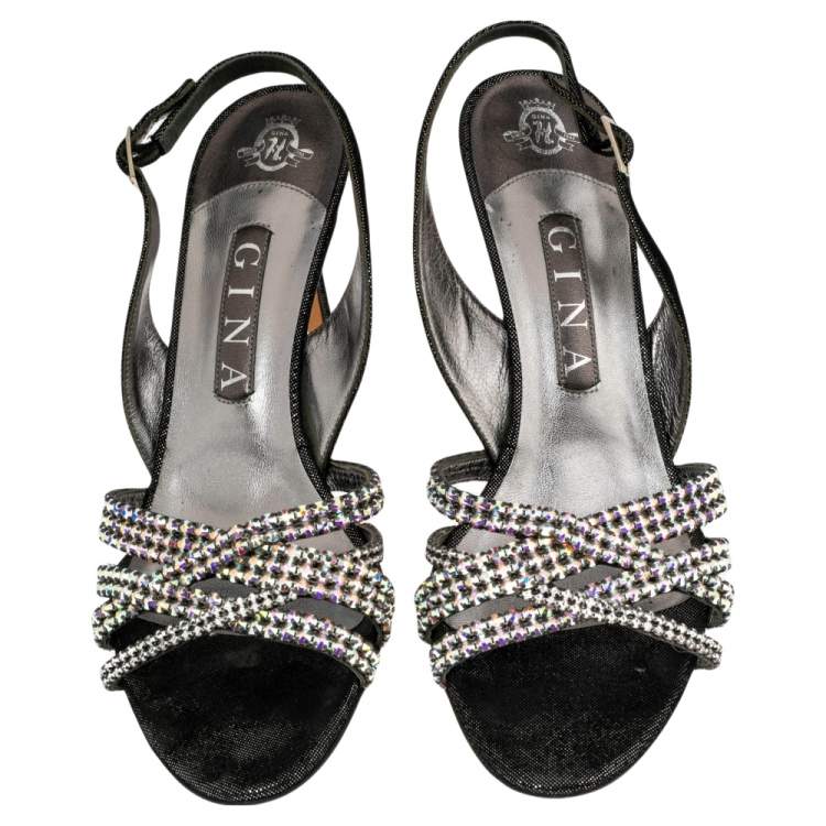 Pre Owned Gina Black/Silver Textured Suede Cross Crystal Embellished Slingback Sandals Size 39