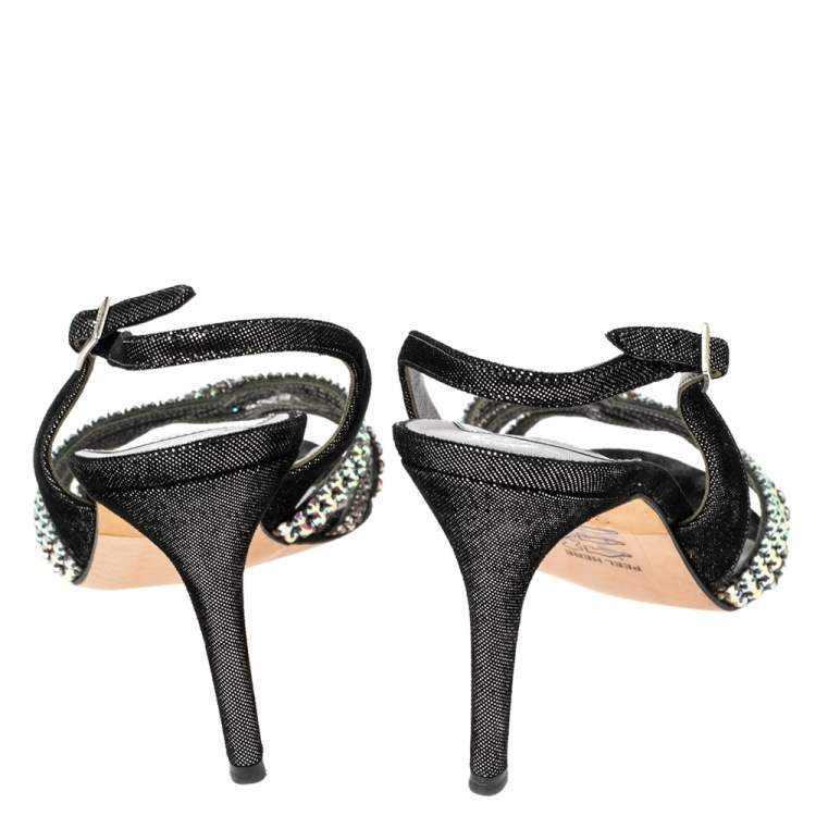 Pre Owned Gina Black/Silver Textured Suede Cross Crystal Embellished Slingback Sandals Size 39