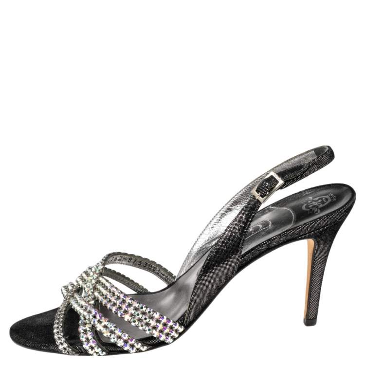 Pre Owned Gina Black/Silver Textured Suede Cross Crystal Embellished Slingback Sandals Size 39