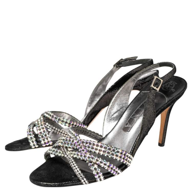 Pre Owned Gina Black/Silver Textured Suede Cross Crystal Embellished Slingback Sandals Size 39