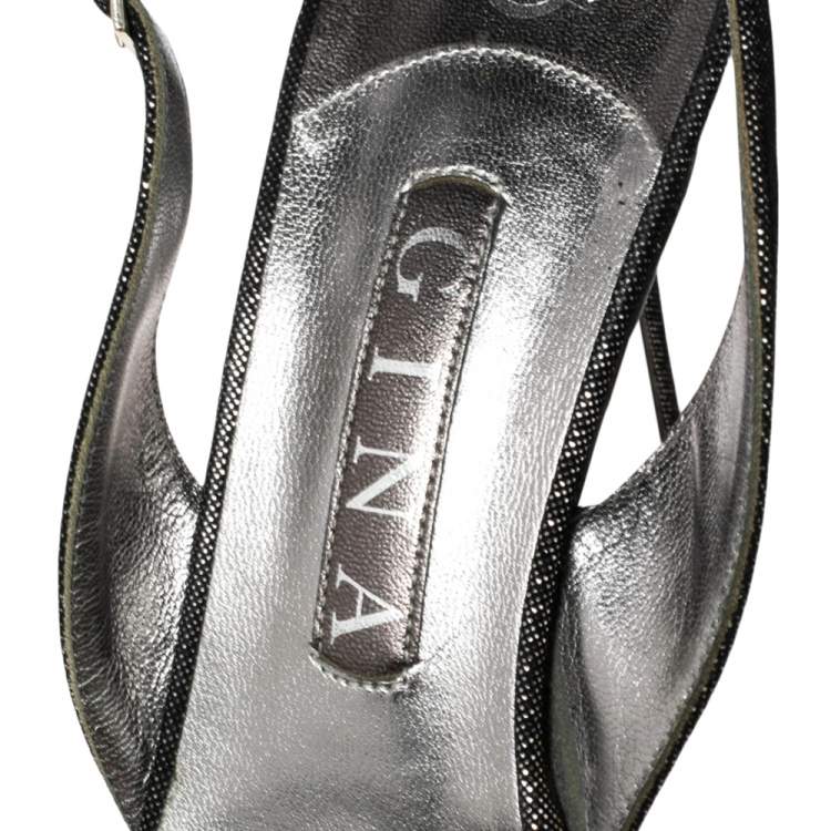 Pre Owned Gina Black/Silver Textured Suede Cross Crystal Embellished Slingback Sandals Size 39