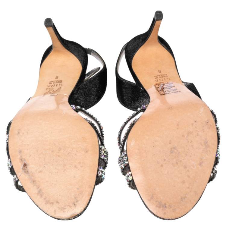 Pre Owned Gina Black/Silver Textured Suede Cross Crystal Embellished Slingback Sandals Size 39