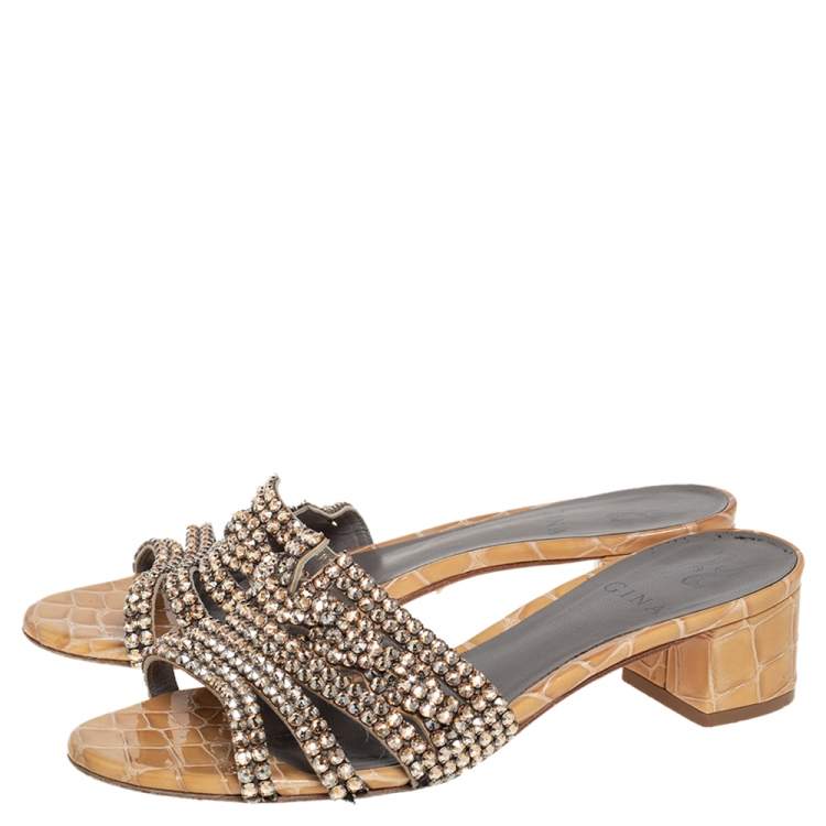 Pre Owned Gina Rose Gold Croc Embossed Leather Crystal Embellished Loren Slide Sandals Size 38