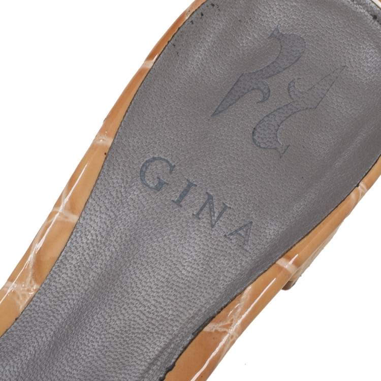 Pre Owned Gina Rose Gold Croc Embossed Leather Crystal Embellished Loren Slide Sandals Size 38