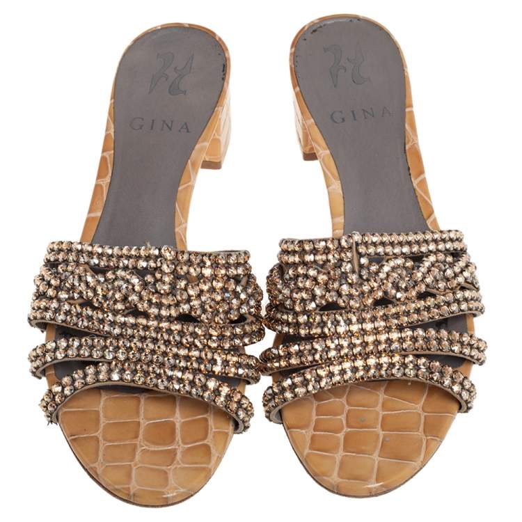 Pre Owned Gina Rose Gold Croc Embossed Leather Crystal Embellished Loren Slide Sandals Size 38