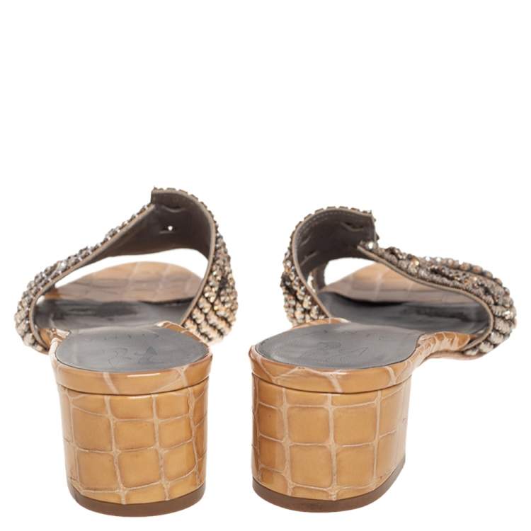 Pre Owned Gina Rose Gold Croc Embossed Leather Crystal Embellished Loren Slide Sandals Size 38