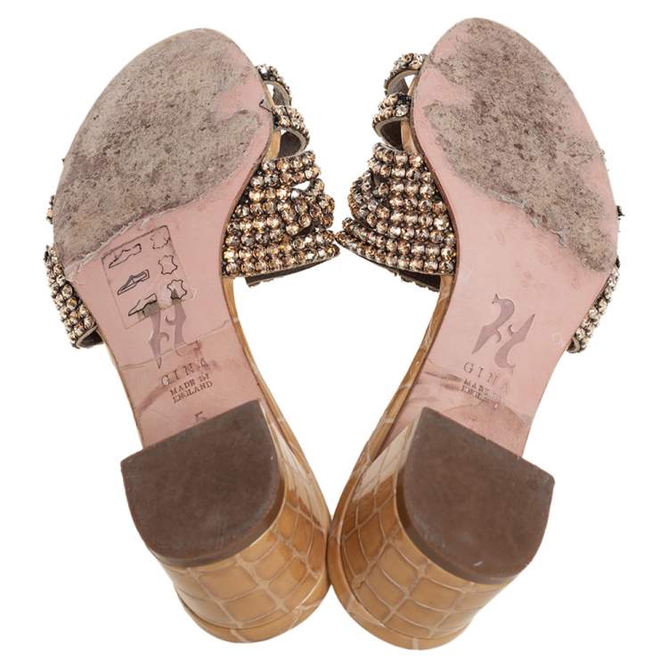 Pre Owned Gina Rose Gold Croc Embossed Leather Crystal Embellished Loren Slide Sandals Size 38