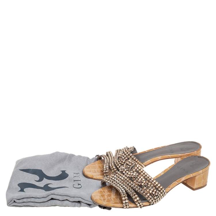 Pre Owned Gina Rose Gold Croc Embossed Leather Crystal Embellished Loren Slide Sandals Size 38